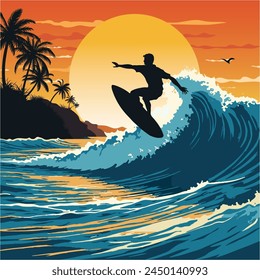 A vector depiction of a wave surfer's silhouette against the sunset, meticulously crafted with Adobe Illustrator for digital or print graphics. Capture the essence of adventure in your designs