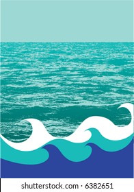 A vector depiction of waves and sky with space for text