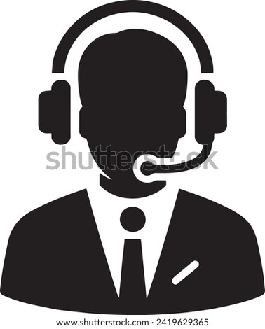 The vector depicts a black silhouette icon of a customer service representative wearing a headset. 