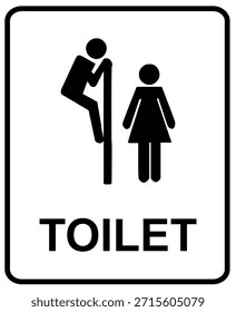 Der Vektor zeigt ein schwarz-weißes rechteckiges Toilettenschild mit männlichen und weiblichen Symbolen sowie den Text "TOILET", in dem die männliche Figur in humorvoller Pose dargestellt ist. Es ist ein Neuigkeits- oder Witzzeichen, das nicht für den öffentlichen oder offiziellen Gebrauch bestimmt ist. Es kann nur als Aufkleber oder als Acrylzeichen für Unterhaltungszwecke aufgetragen werden.