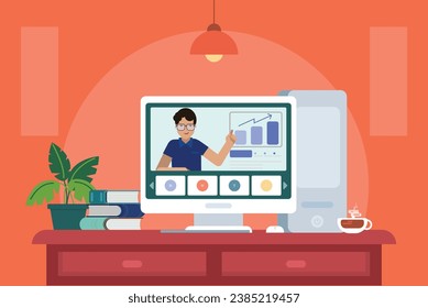 A vector depicts a modern desktop with a video call in progress and an infographic combining remote work and productivity elements.  The design conveys the idea of a contemporary data-driven workspace