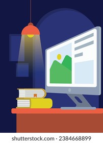 The vector depicts a nighttime scene with a lamp casting a warm, gentle glow. On a table, there's a monitor illuminated by a web window. A sense of peaceful productivity makes it ideal for creativity.