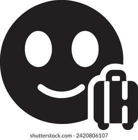 The vector depicts a simple yet charming traveler emoji characterized by a broad smile and carrying a suitcase. 