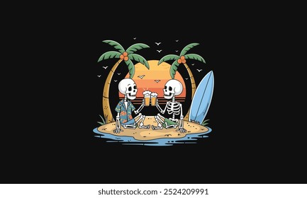 vector depicts two skeletons drinking beer on a tropical beach.
