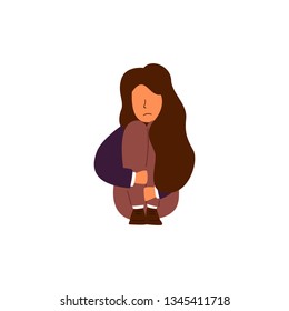 Vector Depressed depression stress. Girl with brown hair in a lilac sweater of brown pants sits crouching holding hands on the legs. Experiencing a strong sense of loneliness left her and abandoned.