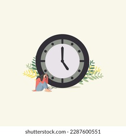 Vector depressed girl with big clock. Torturous waiting time concept illustration