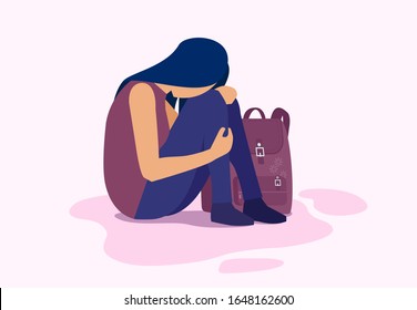 Vector of a depressed sad girl sitting on the floor, student with backpack. 