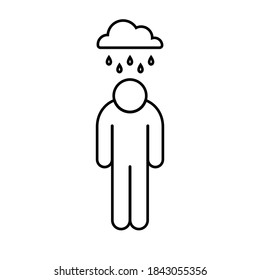 Icono de depresión vectorial, hombre deprimido parado en la lluvia, símbolo plano de tristeza sobre fondo blanco aislado para UI/UX y sitio web.