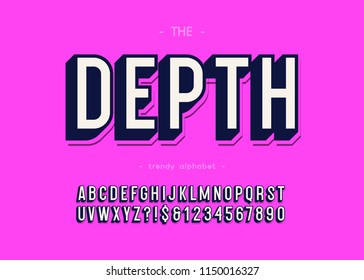 Vector depth trendy alphabet 3d bold modern typography for logo, decoration, party poster, t shirt, book, greeting card, sale banner, printing on fabric. Cool font. Trendy typeface. 10 eps
