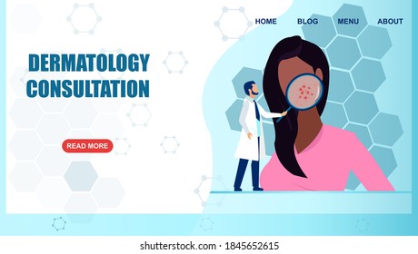 Vector of a dermatologist with magnifying glass examining patient face with skin problem.