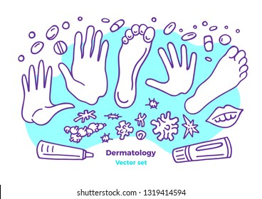 Vector dermatology set. Skin diseases. Eczema, psoriasis, allergy, dermatitis infection of face, head, hand and body. Hand drawn graphic collection Art medicine isolate Problem, analysis, treatment