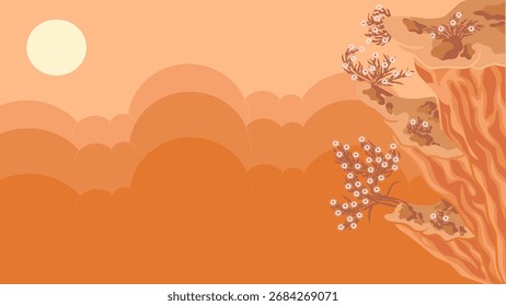 Paisaje de Vector simple con un cañón de desierto naranja con una cara de acantilado y una flora blanca resistente.