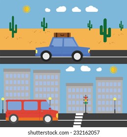 Vector desert and city landscape with road and car. Flat  design. EPS 10