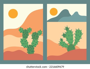 Vector desert illustration with cactus and sun. Print for t-shirts and notepad. Painting with a cactus.