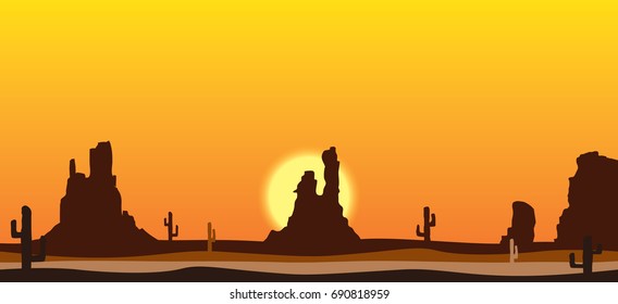 Vector desert illustration with sunset sky, rocks and cactus silhouettes