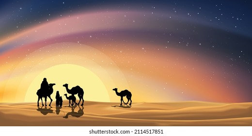 Paisaje del desierto vectorial con familia árabe o caravana musulmana conduciendo camellos a través de las dunas de arena con vía lechosa cielo estrellado con reflejo naranja de la luz del sol,concepto Ramadan Kareem