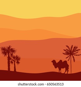 vector desert landscape with camel, hot african exotic background for banner or cover design, hand drawn illustration