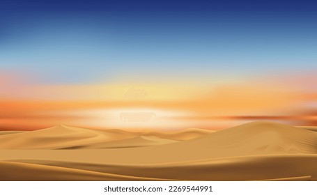 Vector Desert paisaje por la noche con Sunset,Natural Sky line en azul,rosa,amarillo.Plantilla de fondo diseño de banner para Producto,Publicidad,Viaje para el fondo primavera verano