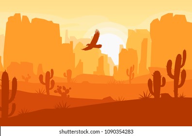 Vector desert landscape with mountains, cactus and eagle in the sky. Wild West Texas in flat cartoon style. Silhouette vector illustration.