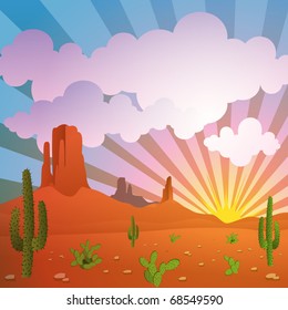 A Vector Desert Landscape with Mountains and Cactus