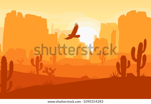 空に山 サボテン 鷲を持つベクター砂漠の風景 フラットなカートーンスタイルのワイルドウェストテキサス シルエットのベクターイラスト のベクター画像素材 ロイヤリティフリー