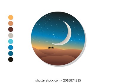 El paisaje del desierto vectorial por la noche y la luna creciente
