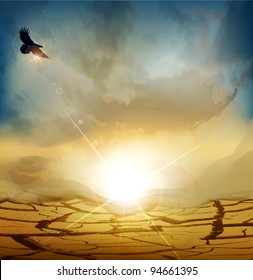 vector desert landscape with rising sun and an eagle flying high