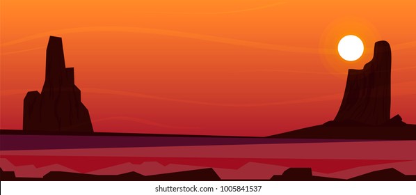 vector desert landscape. sunset and rocks illustration