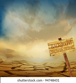 vector desert landscape with a wooden plaque