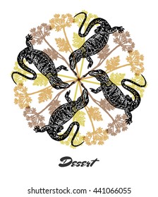 Vector Desert mood Engraved fractal outlet composition. Bright colored composition with desert Varans and plants