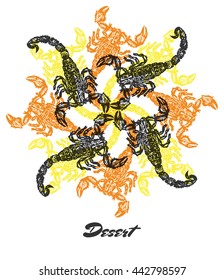 Vector Desert mood Engraved fractal outlet composition. Bright colored composition with Scorpions