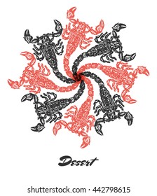 Vector Desert mood Engraved fractal outlet composition. Bright colored composition with Scorpions