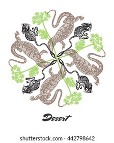 Vector Desert mood Engraved fractal outlet composition. Bright colored composition with desert Jerboa and Varans