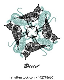 Vector Desert mood Engraved fractal outlet composition. Bright colored composition with desert Crested lark and Varans