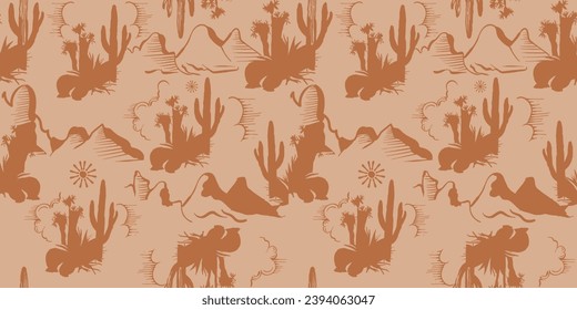 Vector Desert Pattern, seamless vector floral summer tropical pattern background with cactuses, mountain, sun, surface textures, textile. Isolated on off-white background