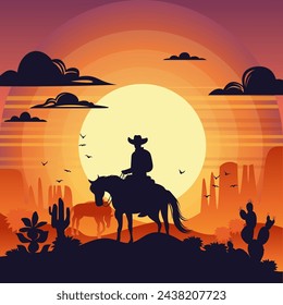 Vector paisaje de atardecer del desierto con vaquero a caballo, montañas, cactus y pájaros en el cielo. Wild West Texas en estilo plano de dibujos animados. Silueta vector.