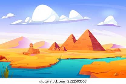 Vista del desierto del Vector de las pirámides egipcias junto al río Nilo con Clima soleado