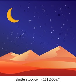 Vector with a desert view at night with the moon and stars.