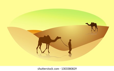 vector of Desert in which there is one person and two camels