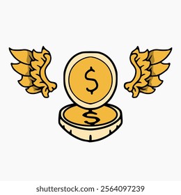 vector design of 2 gold coins with a pair of wings front view. cartoon symbol design