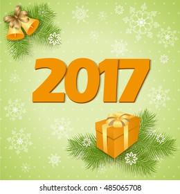 Vector design of 2017 new year`s image with gift box and bells on the green background with snowflakes.  EPS 10.