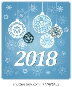 Vector design of 2018 new year`s card with hand drawn elements of mandalas and snowflakes on the blue background. EPS 10.