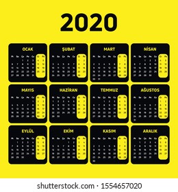 Vector design of 2020 calendar in Turkish language