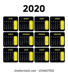 Vector design of 2020 calendar in Turkish language