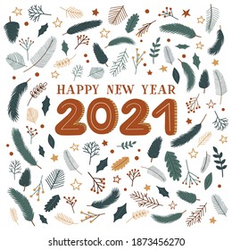 Vector design 2021 Happy New Year label, greeting card, invitation. Merry Christmas decoration with branches, leaves, mistletoe, plants,  stars, berries and pine. 