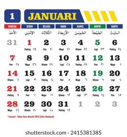Diseño vectorial de la plantilla de calendario de Hijri 2024 para enero con vacaciones nacionales indonesias completadas con hijri, javanés y cristiano. Traducción: Calendario 2024 AD e Hijriyah 1445-1446.