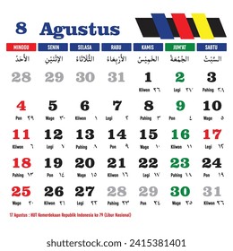 Vector design of 2024 Hijri Calendar Template for August with Indonesian National Holidays complete with Hijri, Javanese and Christian. Translation: Calendar 2024 AD and Hijriyah 1445-1446.