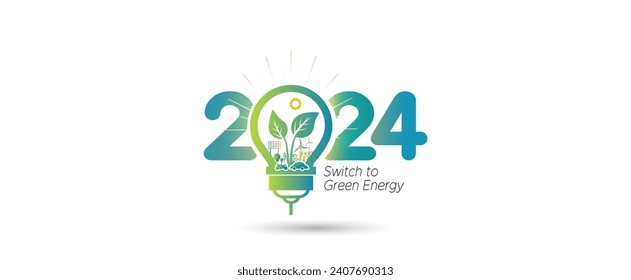 Diseño vectorial del año 2024 con el concepto de tecnología de bioenergía verde futurista. Estación de carga de fondo de energía renovable, vehículo ecológico.