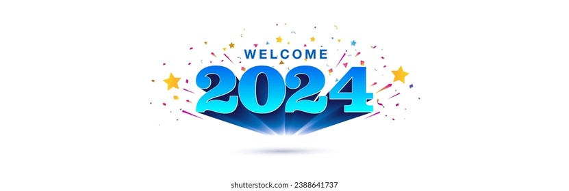 Vector design of 2024 number  launched, riseup with welcome text. Confetti and sparkle background.