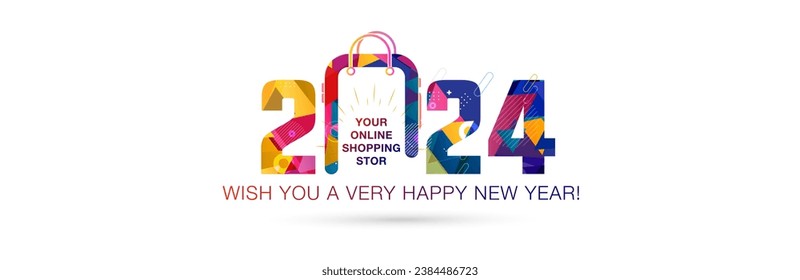 Vector design of 2024 online digital web sale offer concept. 2024 number with festive colorful bag.